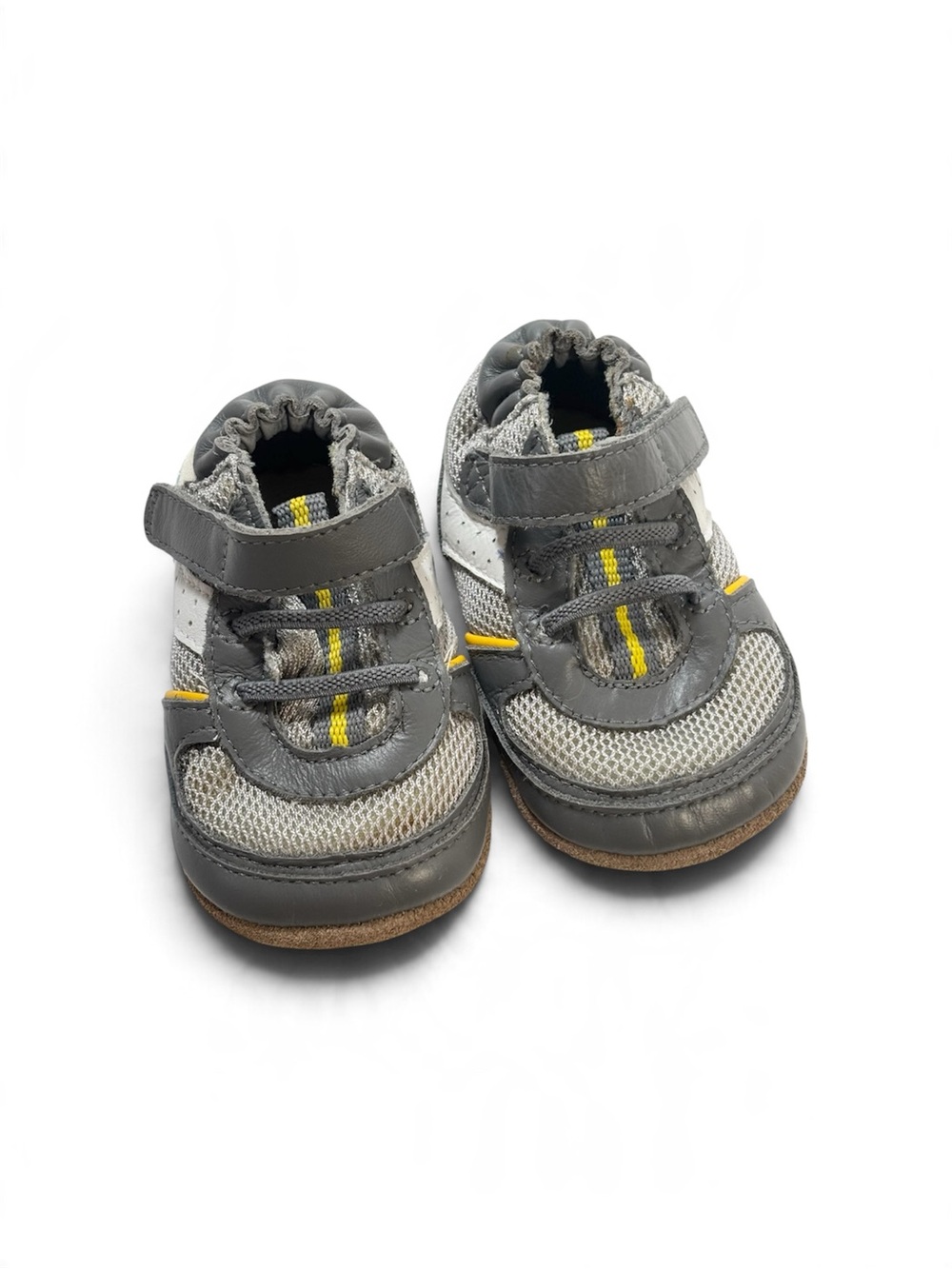 Robeez Gray Leather Mesh Yellow Accent Sneaker Pre-Walkers Size US 2 (3-6M)